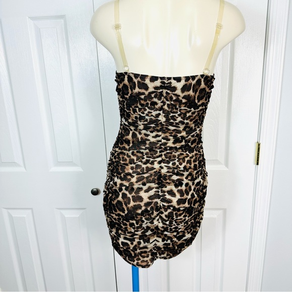 DAY & NIGHT leopard print mini dress clear shoulder straps fabric black tan S - Picture 3 of 9